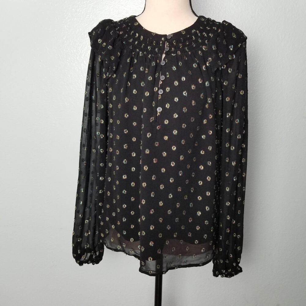 LOFT Black Sheer Metallic Dot Ruffle Blouse XS